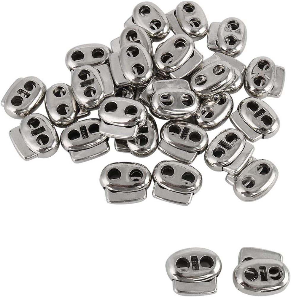 LinkMejor 25pcs Plastic Spring Cord Locks Stopper, Double Hole Rope Toggle Fastener for Drawstrings Clothing, Shoelaces, Bags Silver Tone
