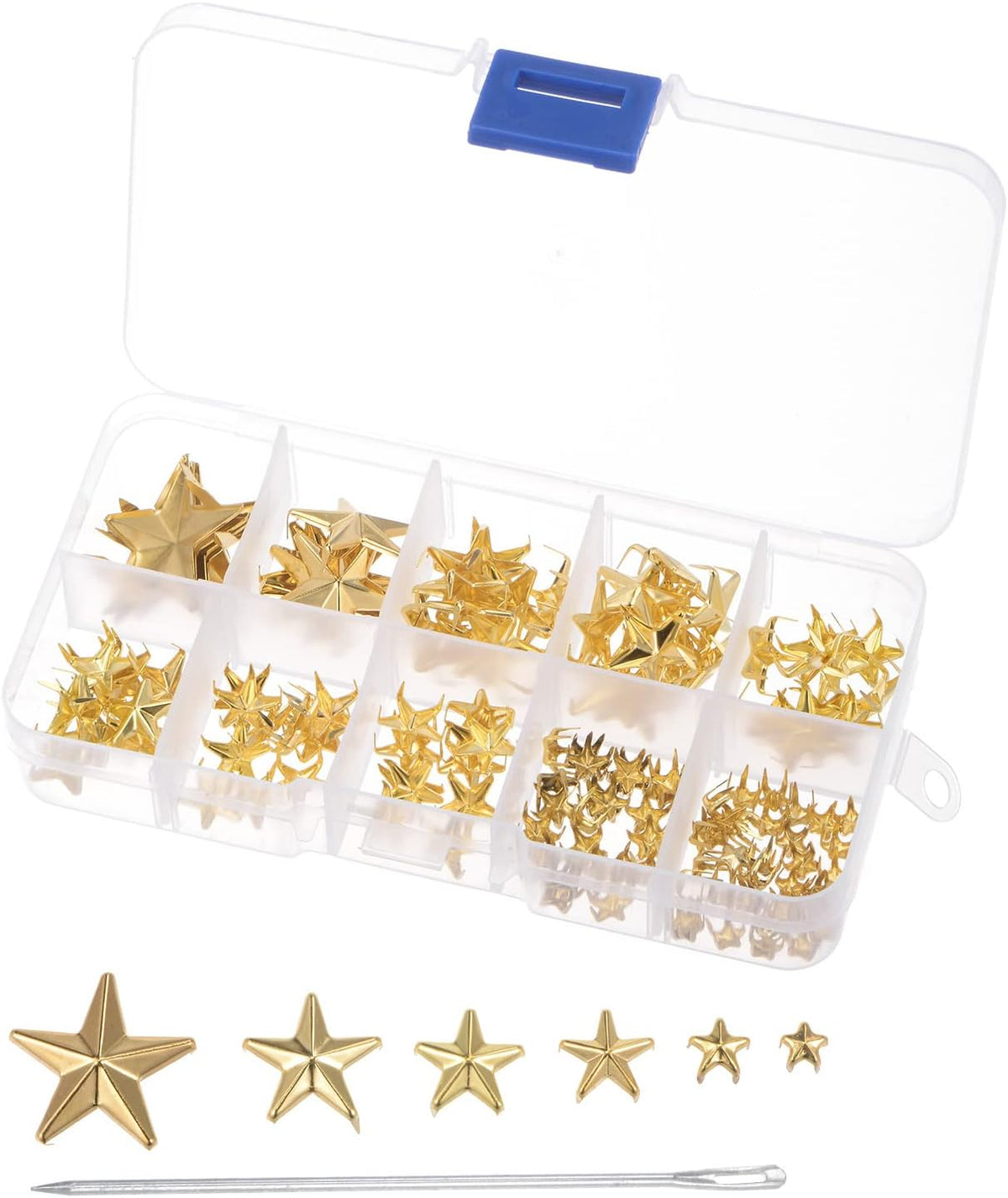 120PCS Metal Star Studs Claw 5-Claw Golden Hand Pressed Punk Studs Claw Beads Rivets Studs Cap Nail Head with Large Eye Needles for DIY Leather Clothing Bag Shoes