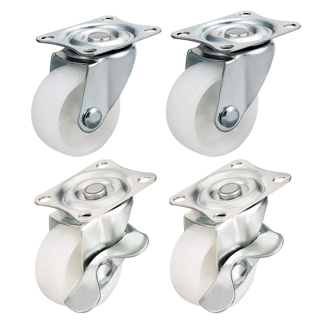Swivel Casters 1.5 Inch Nylon Top Plate Mounted Caster Wheels White 44lb Capacity 4 Pcs (2 Pcs w Brake, 2 Pcs no Brake)