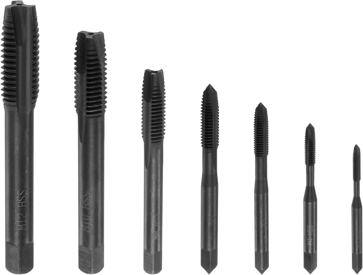 7pcs Spiral Point Thread Tap Set, M3 M4 M5 M6 M8 M10 M12 Nitride Coated Metric Screw Taps, High Speed Steel 6542 Machine Tapping Threading Repair Tool