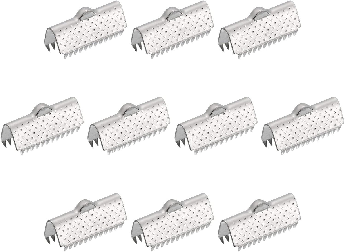 30Pcs Ribbon End Crimp Clamps, 20mm Pointed Texture Stainless Steel Pinch Cord End Clasps for DIY Bracelet Making, Silver Tone