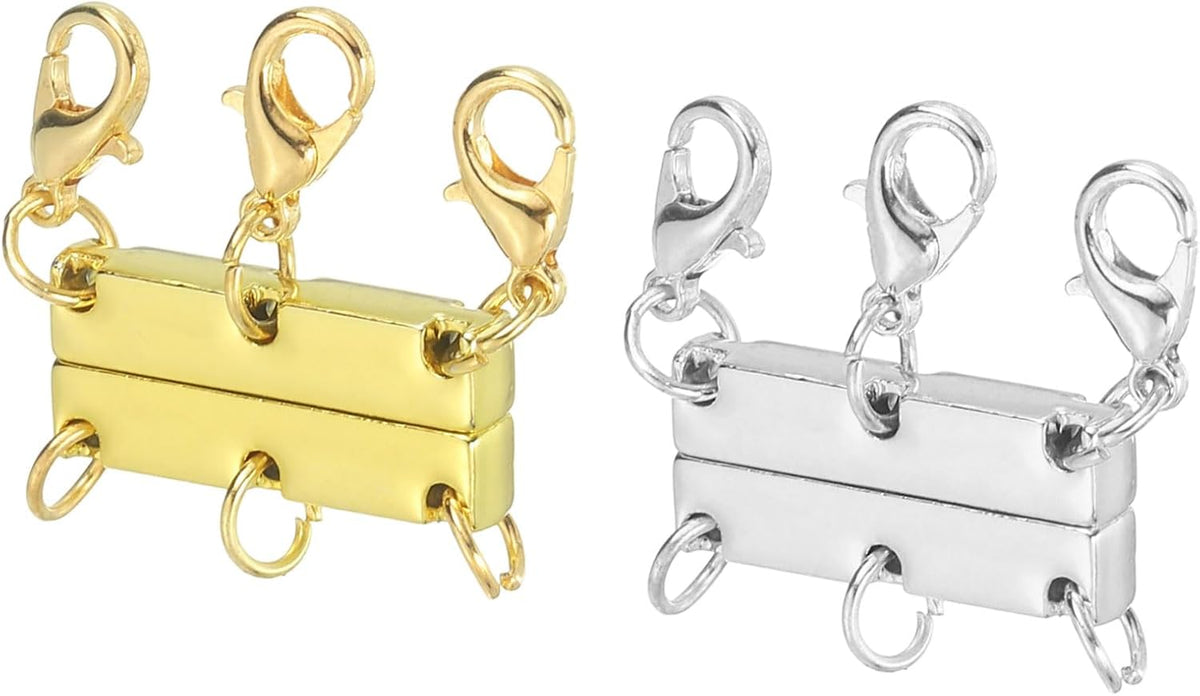 2Pcs Layered Necklace Clasps and Closures, 3 Hole Multiple Necklace Separator Locking Clasp Converter with Lobster Clasps for DIY Jewelry Making, Gold/Silver