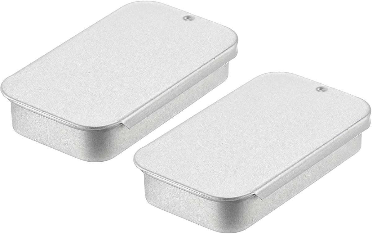 Metal Tin Box Containers, 2Pcs 2.4x1.3x0.4 Inch Silver Mini Portable Metal Slide Top Tin Containers for Jewelry Crafts
