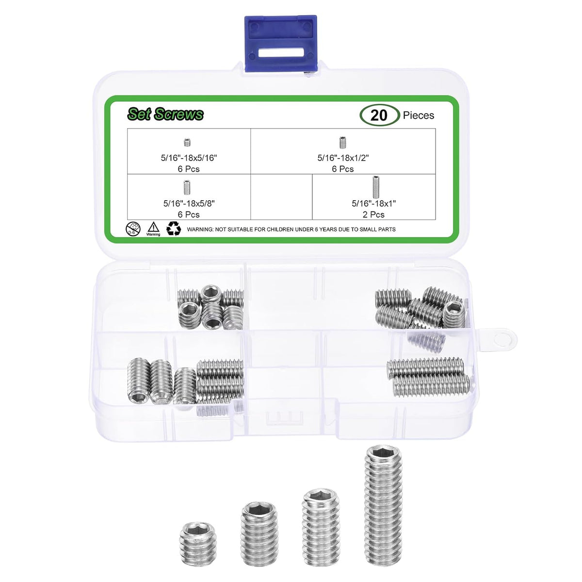 Allen Head Socket Hex Grub Screw Assortment Kit,20PCS 5/16-18" 4 Sizes 304 Stainless Steel Internal Hex Drive Cup-Point Set Screws Assortment Kit for Door Handles, Faucet