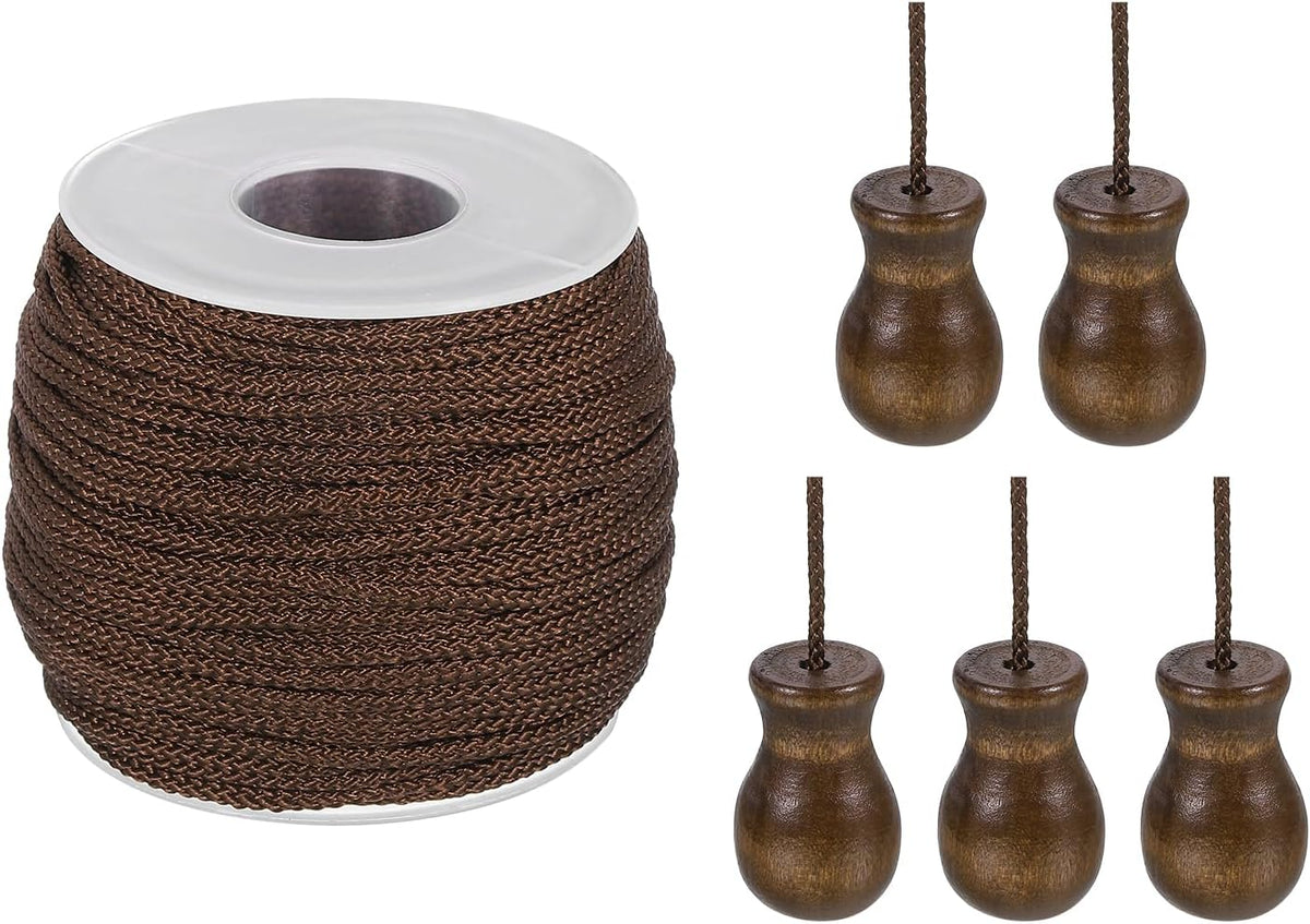 50 Yards Roman Blind Cord 1.8mm Braided Lift Shade Cord with 5Pcs Wood Blind Pull Knobs Pendant for Blind Rollers Roman Shade DIY Crafts, Brown