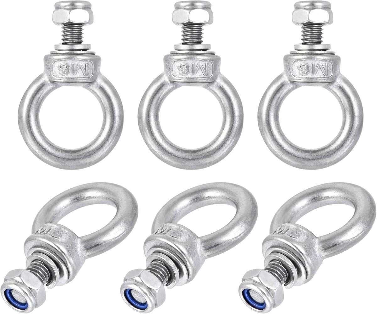 Lifting Eye Bolt M6 x 12mm Male Thread with Hex Screw Nut Gasket Flat Washer for Hanging Securing Chain Wire Rope, 304 Stainless Steel, 6 Sets