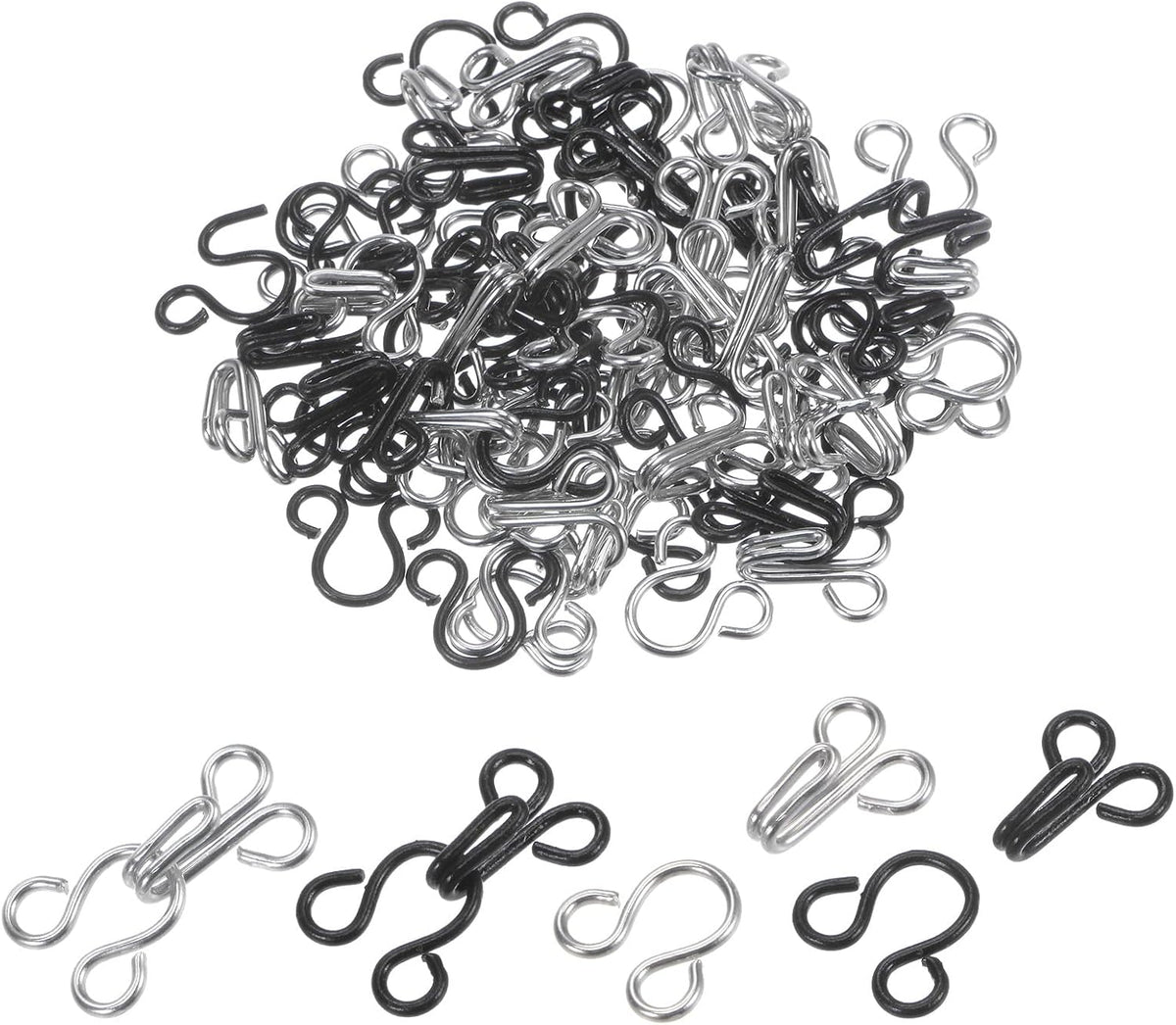 60 Sets Sewing Hooks and Eyes Closure Set, Copper Metal Rust Proof 23mmx11mm Large Black & Silver Tone Bra Hooks Replacement for Trouser Skirt Dress Pants
