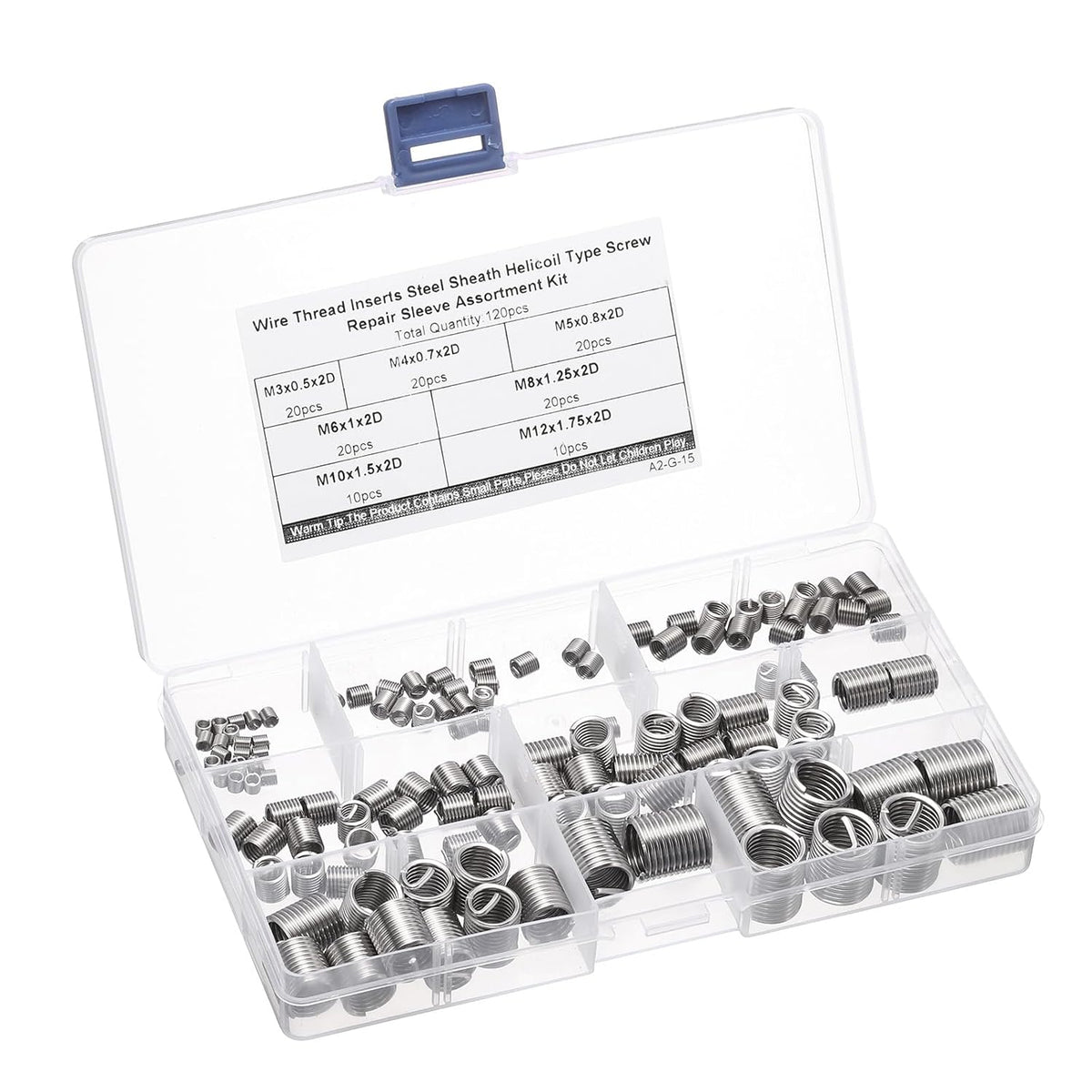 120pcs Wire Thread Insert Kit M3 M4 M5 M6 M8 M10 M12 (2D) Metric 304 Stainless Steel Helical Inserts Coiled Thread Repair Kit Wire Threaded Sleeve Sheath for Mechanical Equipment