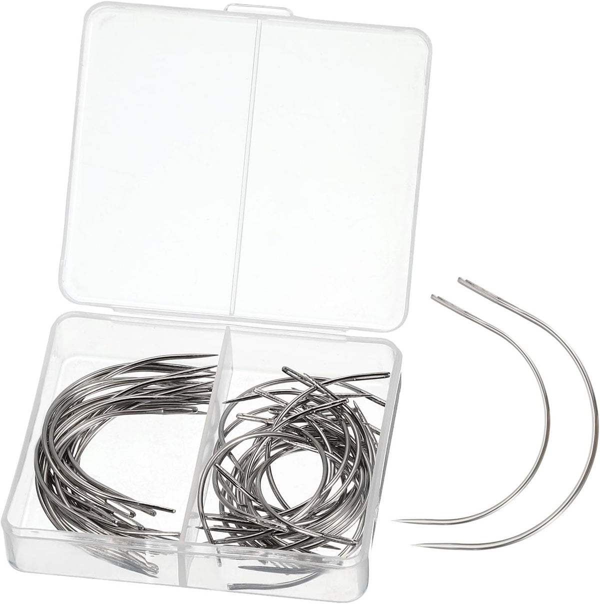C Curved Needle, 50pcs - Nickel Plated Steel Wire C Type Needle for Weave with Plastic Box, Sewing Needles for Wig Making Crafts (2.5 Inch, 3 Inch)