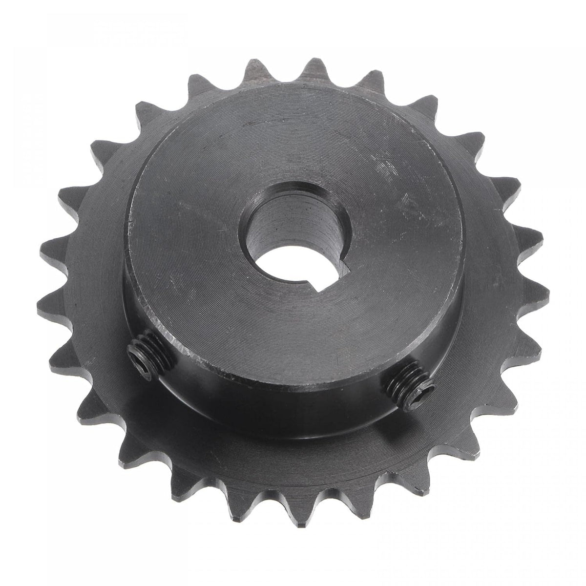25 Tooth Roller Sprocket B Type, #25 Chain, Single Strand 1/4" Pitch, 10mm Bore Black Oxide C45 Carbon Steel, Keyway with Set Screws for ISO 04C
