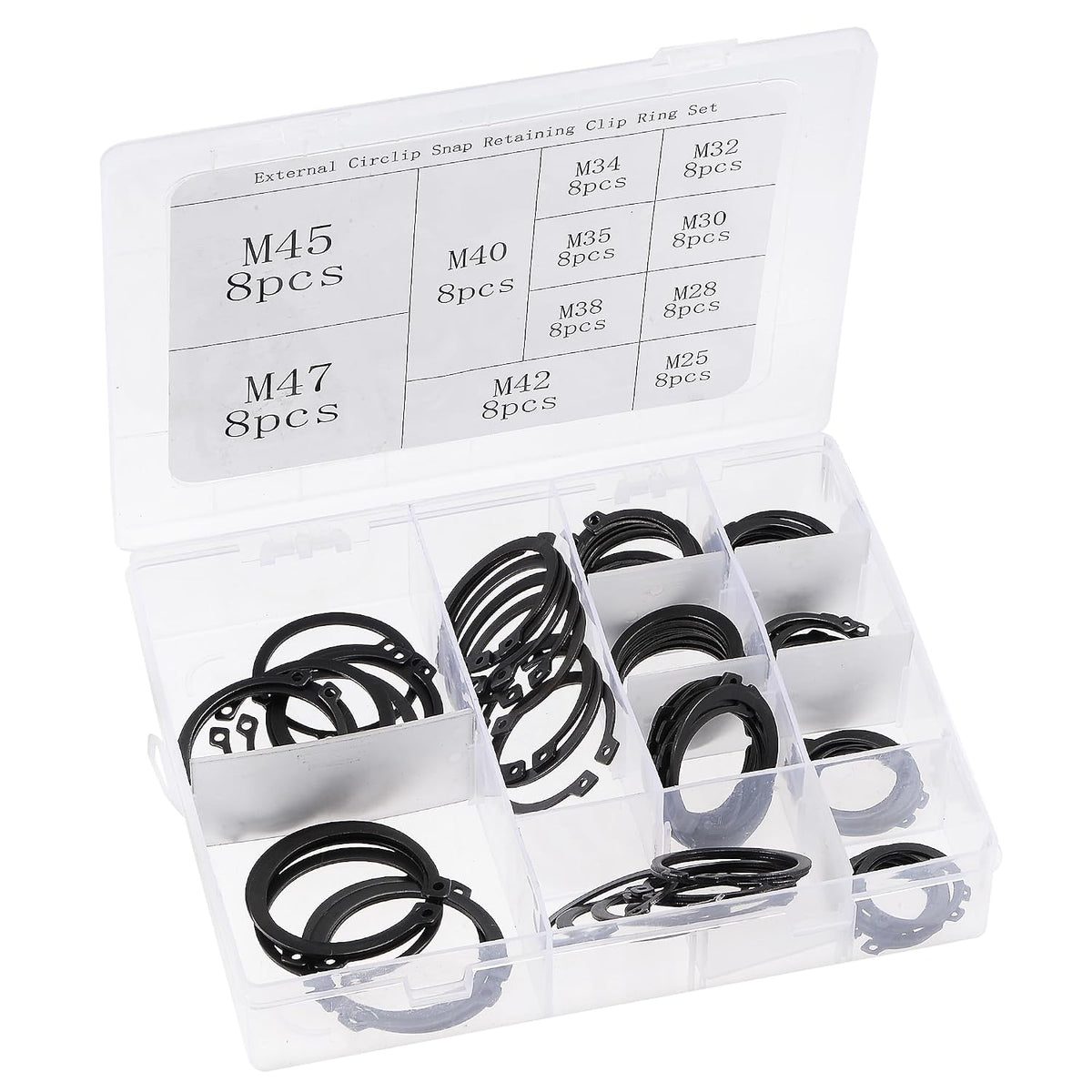 E-Clip Circlip - 88Pcs 11-Size External Retaining Shaft Snap Ring Washer Carbon Steel Assortment Set Black - Size: 25mm to 47mm