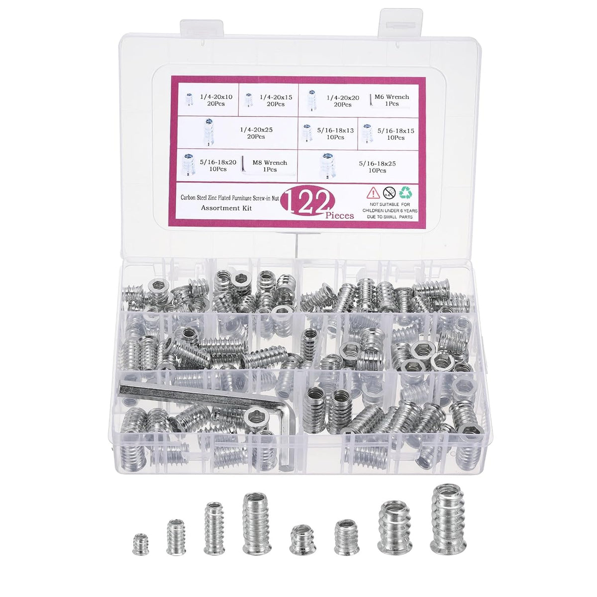 122Pcs Threaded Inserts Nuts, Carbon Steel Wood Insert Assortment Tool Kit Hex Socket Drive Wood Inserts Bolt Fastener Connector with Wrench, Silver