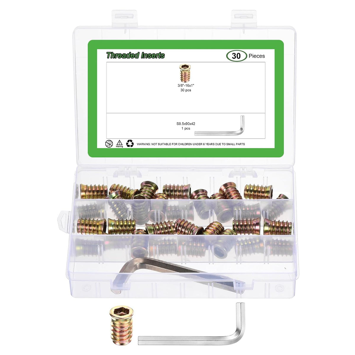 30Pcs 3/8"-16x1 Threaded Inserts Nuts, Zinc Alloy Hex Socket Drive Screw-in Nut Threaded Inserts with 1Pcs Hex Wrench, Wood Inserts Bolt Assortment Kit for Wood Furniture