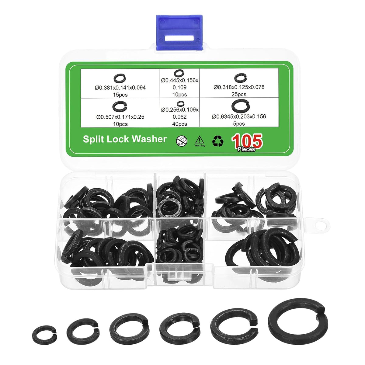 105Pcs 1/4" 5/16" 3/8" 7/16" 1/2" 5/8" 304 Stainless Steel Split Lock Washer Kit for Screw Bolts Machinery
