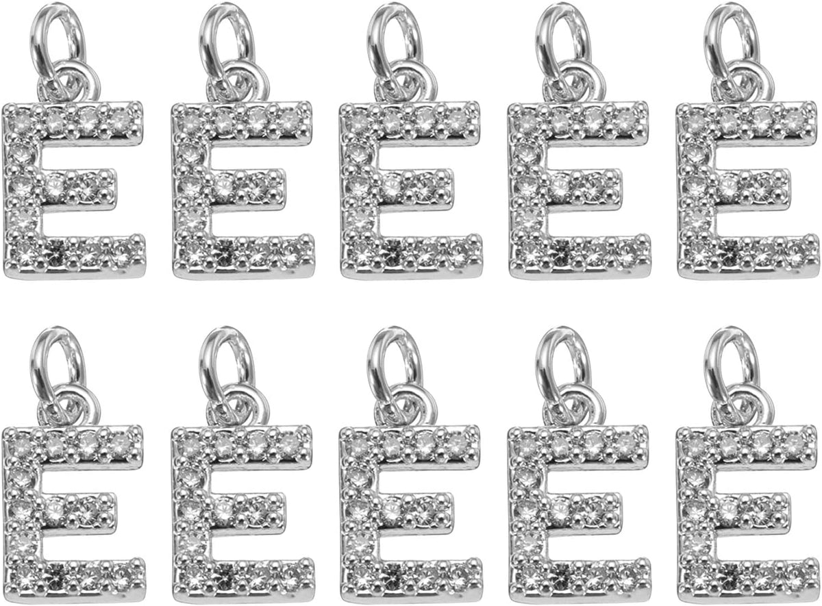 LinkMejor Rhinestone Letter Charm, 10pcs Crystal Zirconia Copper Alphabet E Pendants Slider Letter Charm for Wristbands Bracelets Necklace Jewelry Earring DIY Craft, Silver