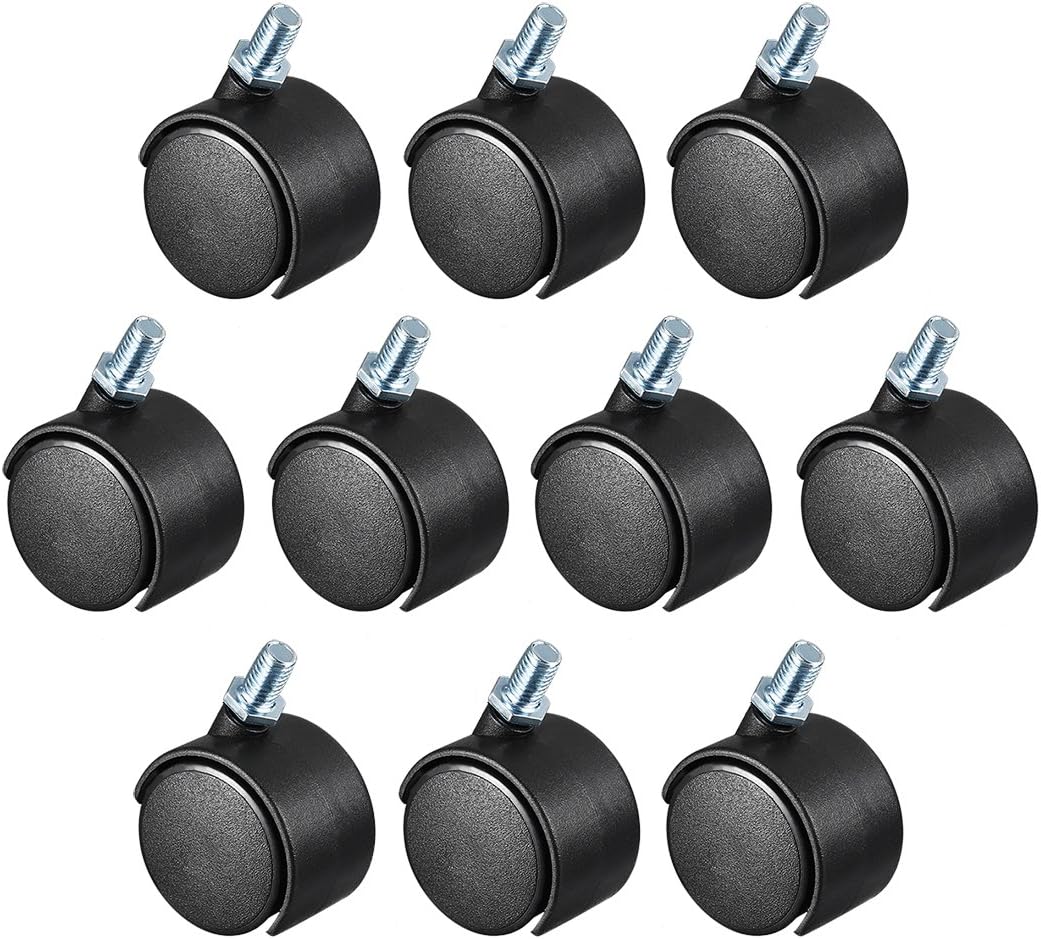 1.45 Inch Swivel Casters Nylon Twin Wheel M8 x 15mm Threaded Stem Swivel Caster Black, 28lb Capacity Each Wheel, Pack of 5