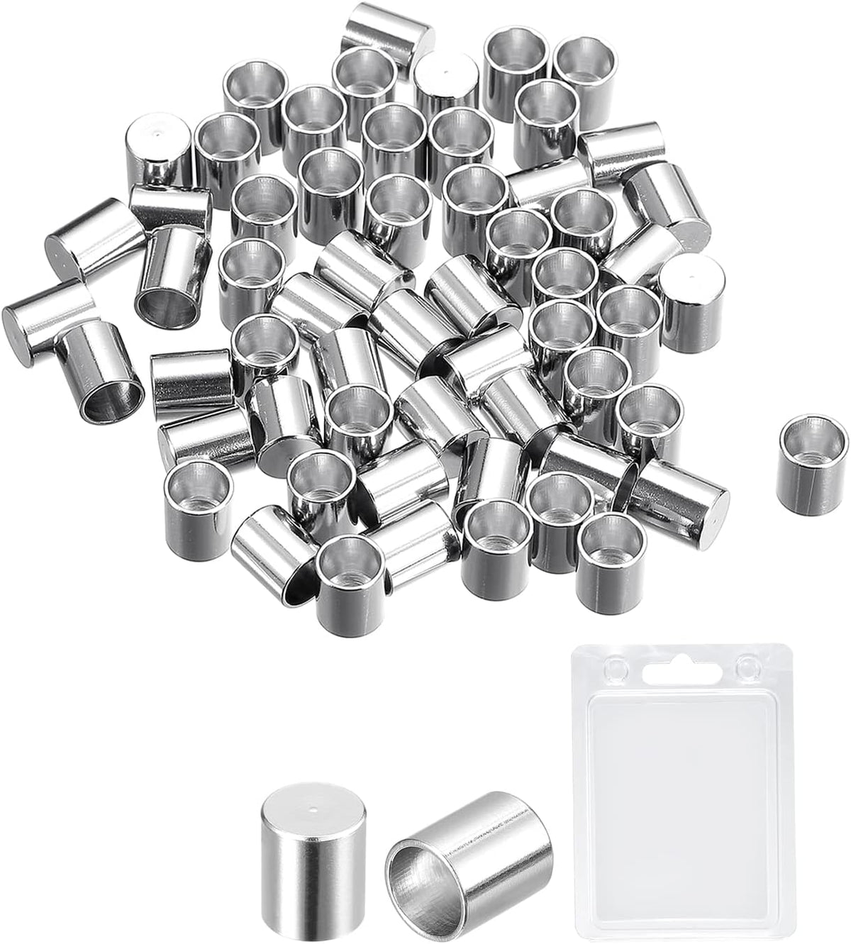 60Pcs Stainless Steel Cord Ends, 5mm ID Column Leather Cord End Caps for Bracelet Jewelry Making DIY, Silver Tone