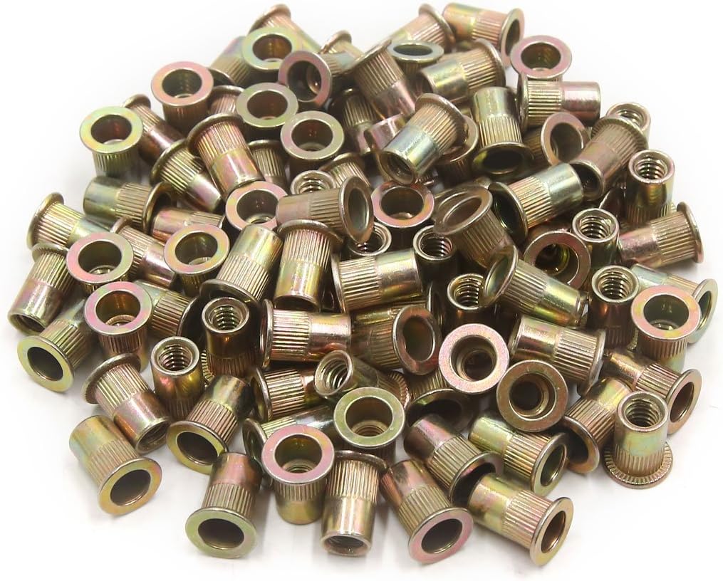 A17073100ux0532 100Pcs Zinc Plated Carbon Steel Car Rivet Nut Flat Head Threaded Insert 1/4-20 100 Pack