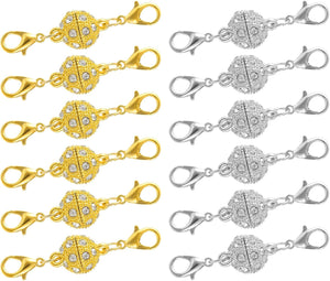 12Pcs Jewelry Clasps, Round Rhinestone Clasps Locking Closures with Lobster Clasps for Bracelet Necklace (10.5mm Gold, Silver)