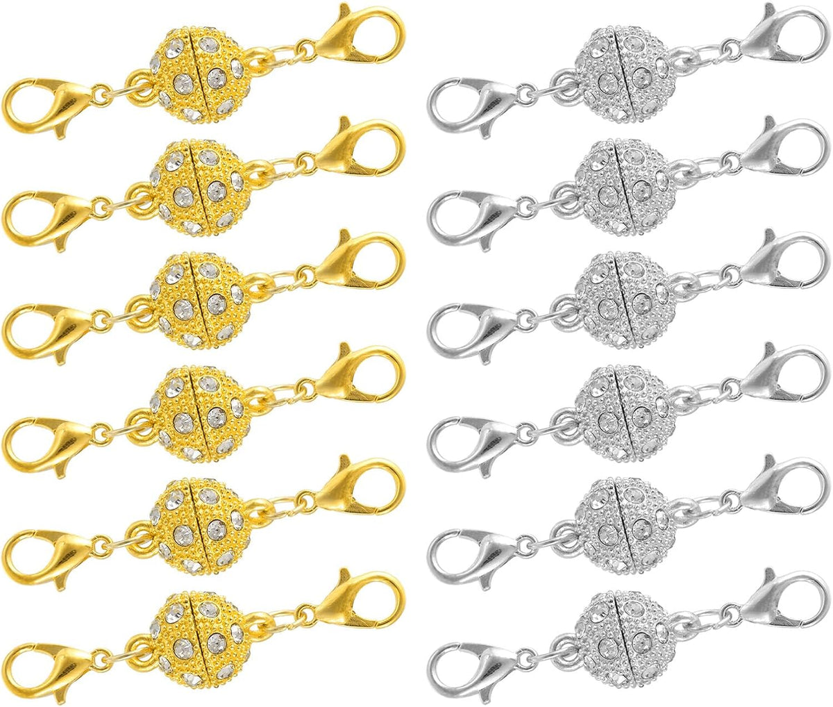 12Pcs Jewelry Clasps, Round Rhinestone Clasps Locking Closures with Lobster Clasps for Bracelet Necklace (10.5mm Gold, Silver)