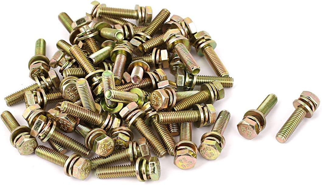 M6x25mm 8.8 Grade Yellow Zinc Plated Hex Head Bolt 50pcs w Washer