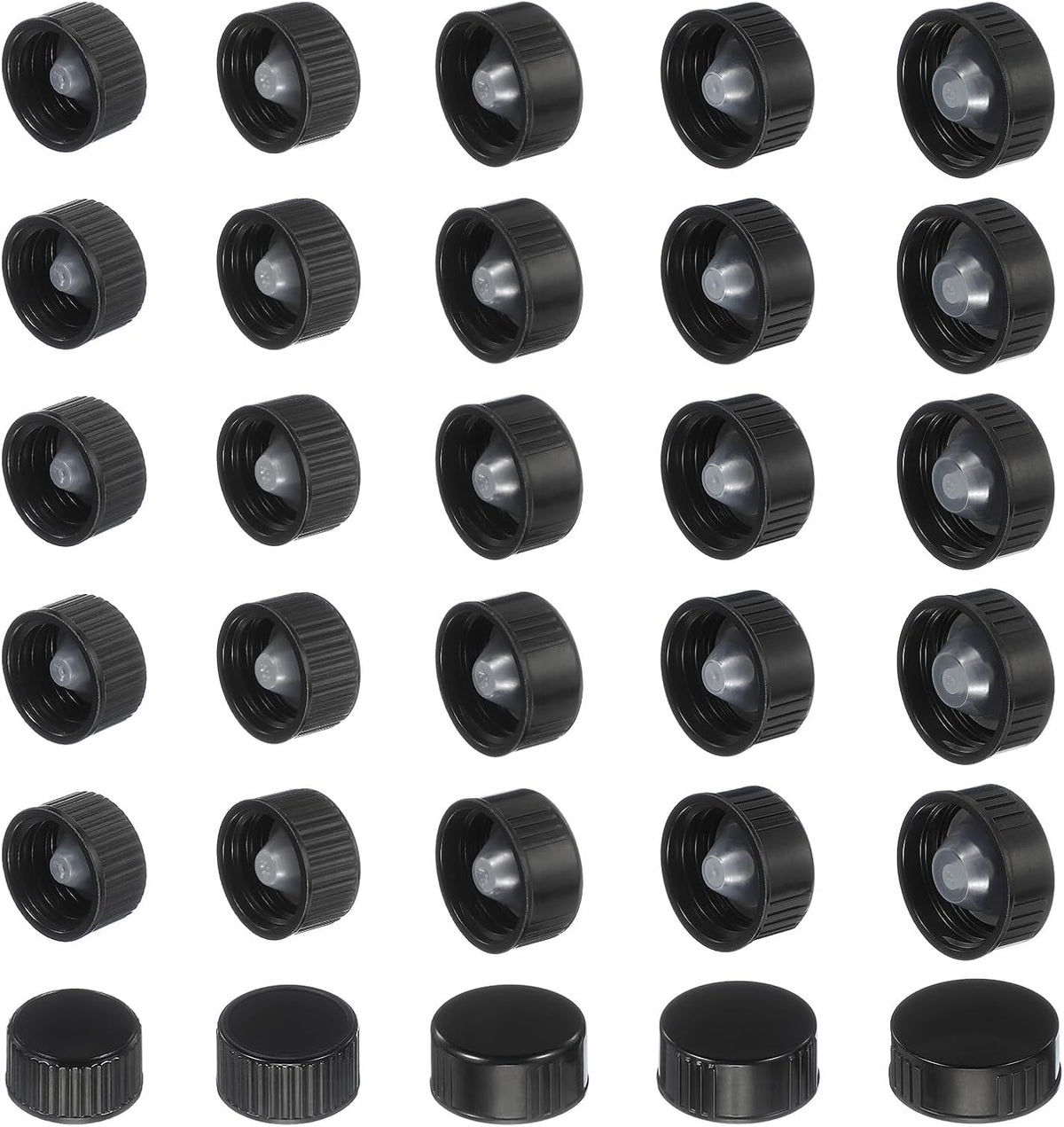 30 Pcs Phenolic Resin Cover, 18/20/22/24/28mm Poly Seal Screw Caps Plastic Replacement Bottle Caps Thread Plastic Lids for Chemicals Food Cosmetics Bottles, Black