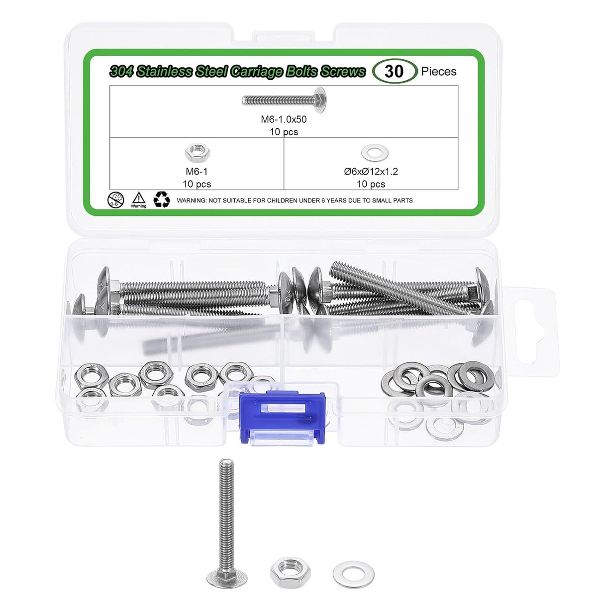 10 Set Carriage Bolts and Nuts Kit, M6-1.0x50 Stainless Steel 304 Round Head Square Neck Carriage Bolts Screws and Hex Nuts and Flat Washers - Silver
