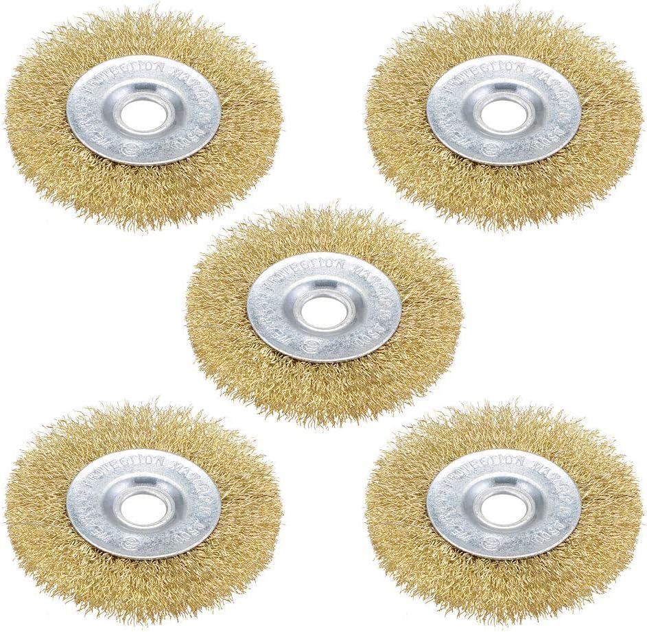 4-Inch Wire Wheel Brush Bench Brass Plated Crimped Steel with 5/8-Inch Arbor Hole 5 Pcs