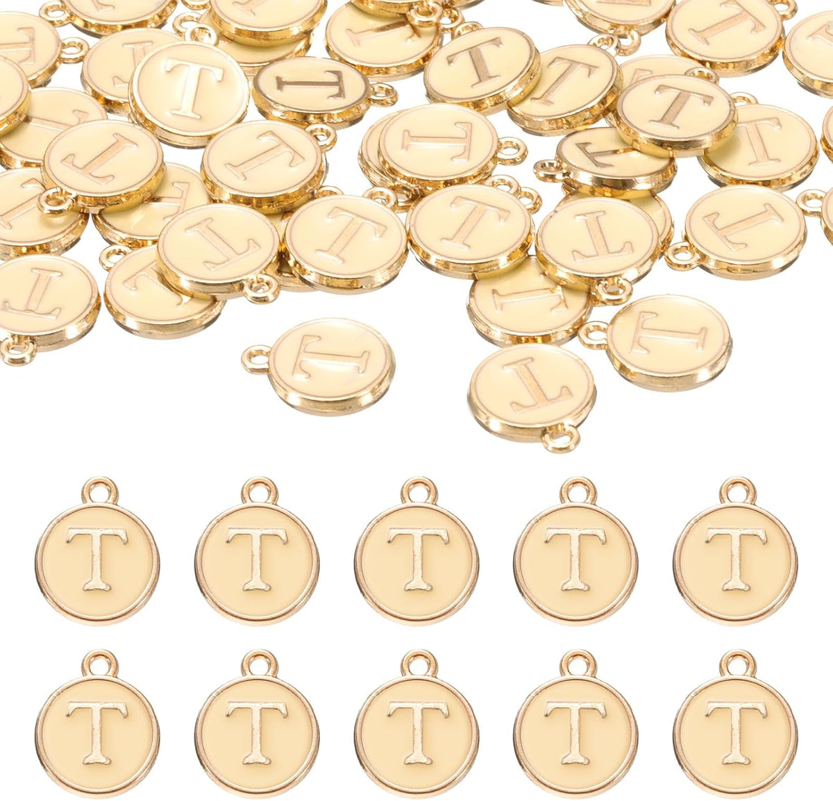 LinkMejor 52pcs Letter Charm, Enamel Letter Pendants, Alphabet t Pendants Double Sided Beads Charm for DIY Bracelet Necklace Pendants Earring Jewelry, Champagne Gold