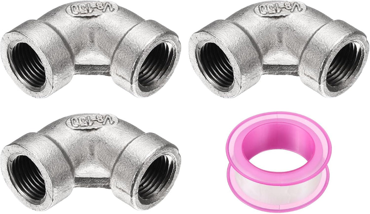 3 Pcs 304 Stainless Steel 90 Degree Elbow Threaded Pipe Fitting G1/8" Female to G1/8" Female Cast Pipe Fitting with Seal Tape for Plumbing Drainage Pipes Heating Systems