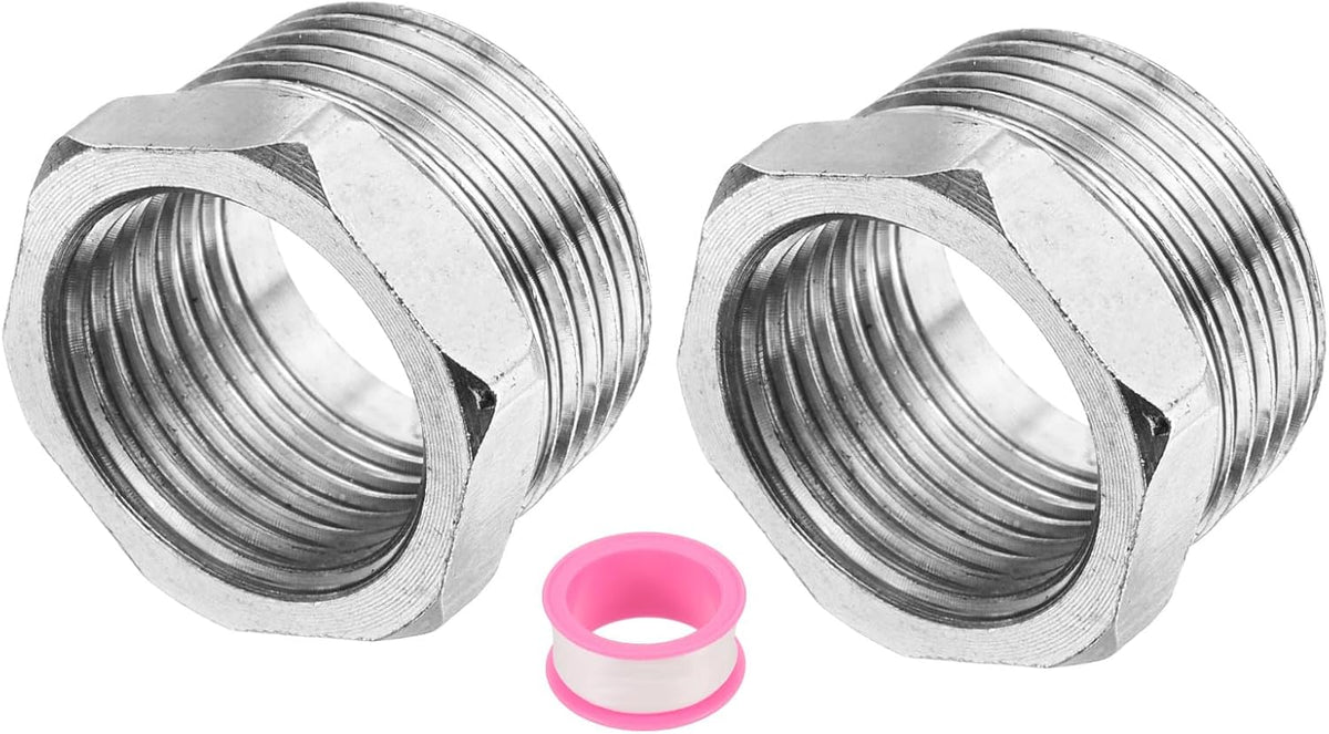 2Pcs Stainless Steel Pipe Fitting, G3/4" Male x G1/2" Female Stainless Steel Hex Nipple Pipe Fitting Connector Pipe Fitting Adapter with PTFE Tape (Length 18mm/0.7", Silver Tone)