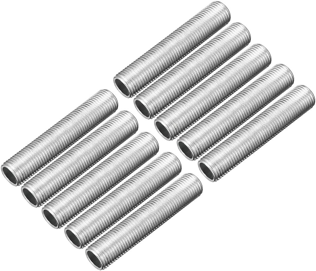 Lamp Pipe Nipple, M10 Thread 50mm Length Hollow Lamps Repair Part Hardware for Lamp Lights, Zinc Plated Silver Tone, Pack of 10