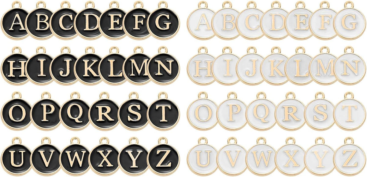 52 Pcs Letter Charm, Alloy A-Z Initial Charm Round Alphabet Pendant for Necklace Bracelet Earring Jewelry Making Diy, Black+White