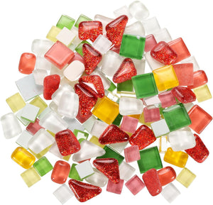 500g/1.1lb Mixed Color Irregular Glass Mosaic Tiles, 400 Pcs Glitter Crystal Glass Mosaic Tiles Stained Glass Piece for DIY Art Crafts, Mixed Khaki Red, 4 Shapes