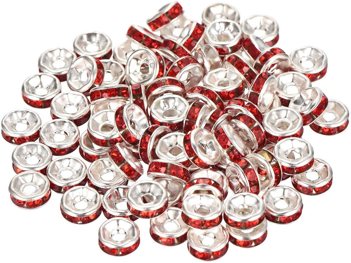 80Pcs Rondelle Spacer Beads, 6mm Rhinestone Spacer Beads Silver Plated Crystal Bead Spacers for DIY Jewelry Making Necklaces Bracelet Pendants, Red