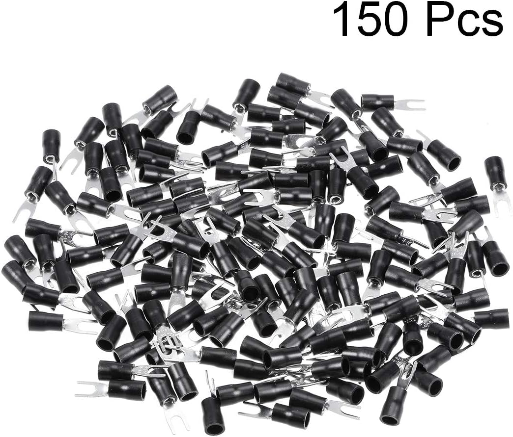 150Pcs SV2-3.7S Insulated Fork Spade U-Type Wire Connector Electrical Crimp Terminal 16-14AWG Black