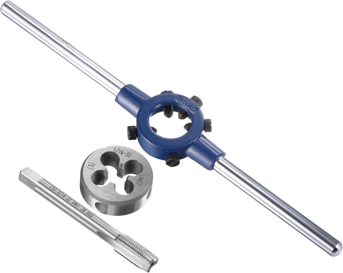 5/16-32 UNEF Tap and Die Set with 25mm Round Die Stock Handle Wrench, High Speed Steel Machine Thread Tap and Round Die Threading Tool