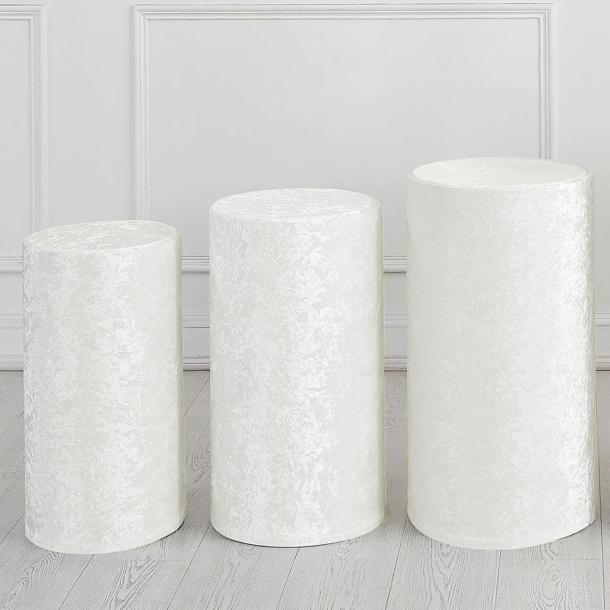 Set of 3 White Cylinder Spandex Stand Covers, Plinth Stand Cover for Party Wedding Birthday Decoration, Only Contains Cylinder Covers (Velvet Fabric - Small)