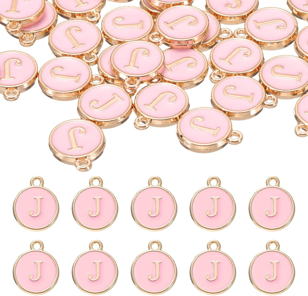 LinkMejor 52pcs Letter Charm, Enamel Letter Pendants, Alphabet J Pendants Double Sided Beads Charm for DIY Bracelet Necklace Pendants Earring Jewelry, Pink