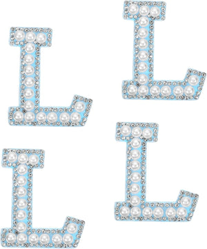 10 Pcs Iron on Letter Patches, Letter L Rhinestone Alphabet Applique Rhinestone Pearl English Letter Sewing Patches for Clothing Hats Jeans Shoes DIY Craft, White/Blue