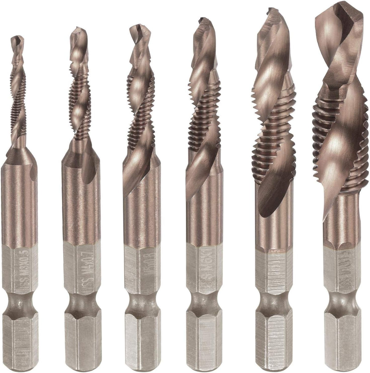 Combination Drill and Tap Bit Set M3 M4 M5 M6 M8 M10 with 1/4" Hex Shank Vacuum Titanium Coated High-speed Steel Countersink Bit Spiral Flute Tapping Tool 6pcs