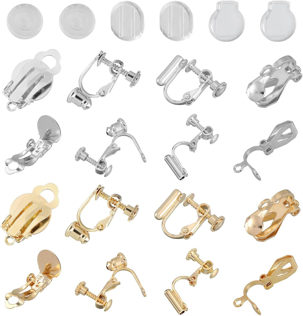 16pcs Clip-on Earring Converter with Silicon Earring Pads - Clip-on Earring Findings, Earring Clips for Non-Pierced Ears with Easy Open Loop (White & Gold)