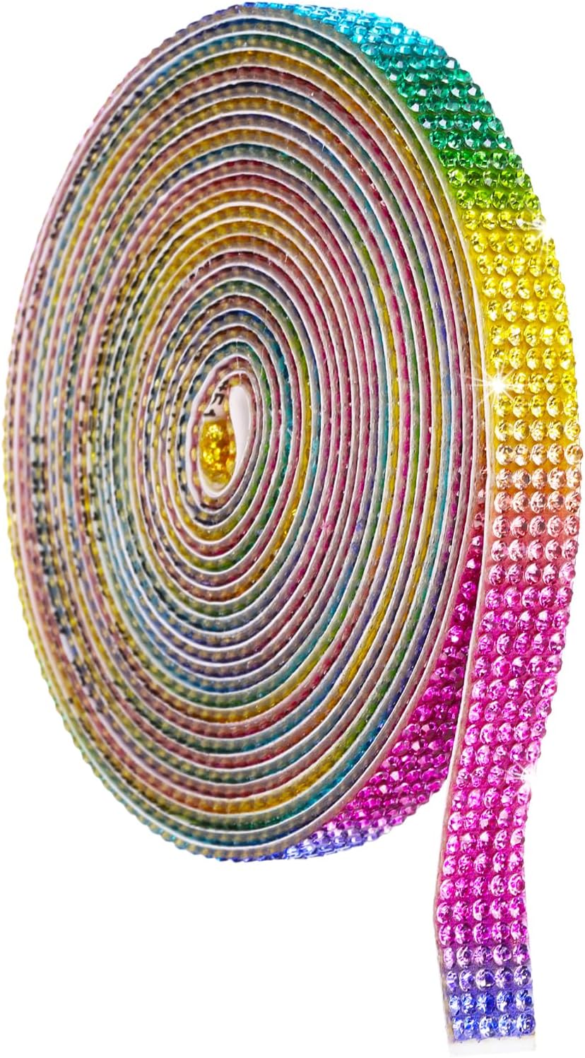 LinkMejor Crystal Rhinestone Ribbon Roll, 5 Rows of 4 Yard Self Adhesive Crystal Strips, Rhinestone Stickers for Arts Crafts Wedding Birthdays Decoration Rainbow