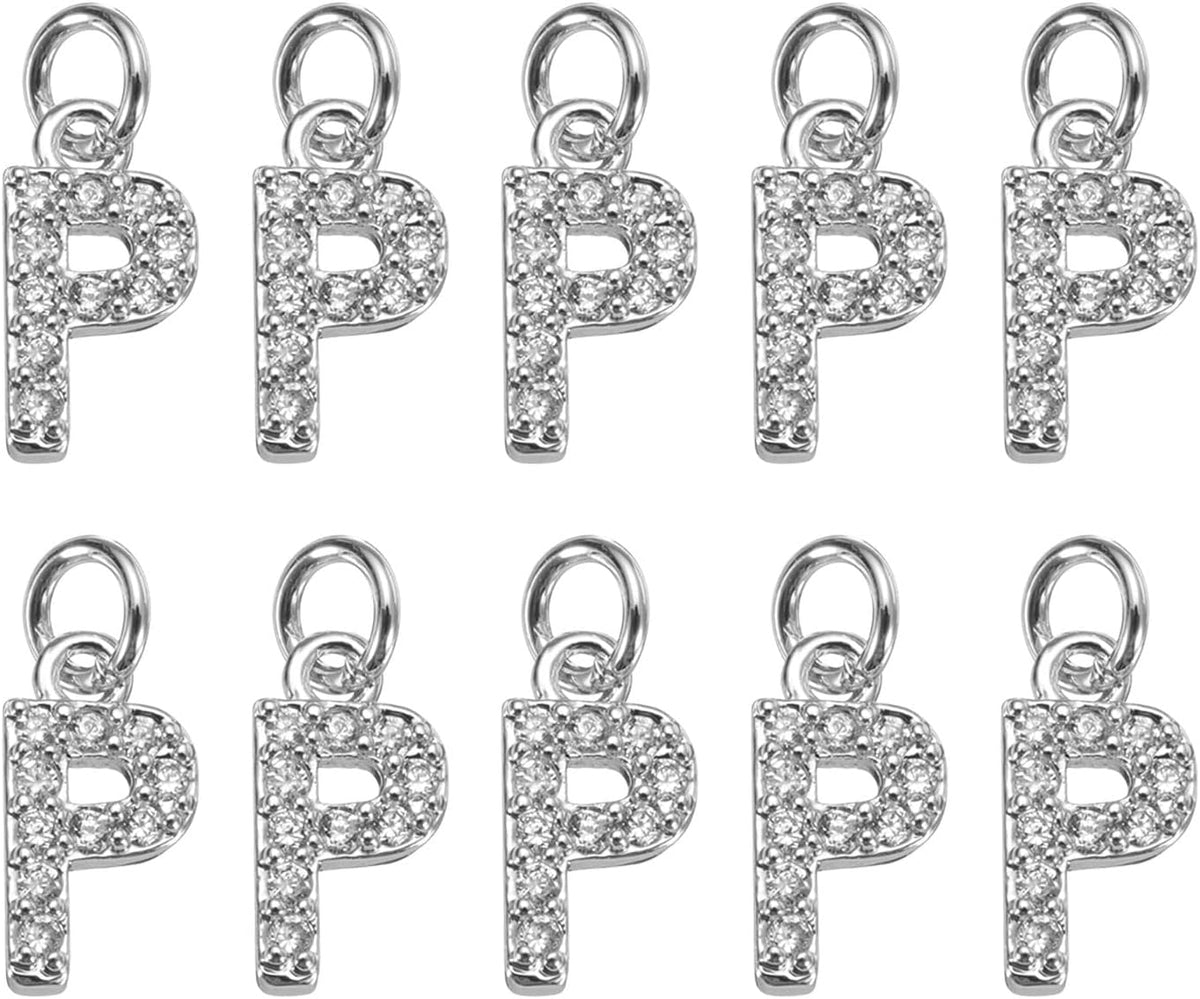 LinkMejor Rhinestone Letter Charm, 10pcs Crystal Zirconia Copper Alphabet P Pendants Slider Letter Charm for Wristbands Bracelets Necklace Jewelry Earring DIY Craft, Silver