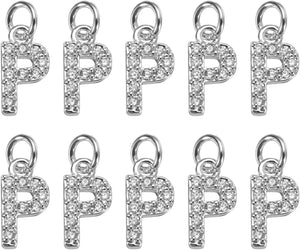 Rhinestone Letter Charm, 10pcs Crystal Zirconia Copper Alphabet P Pendants Slider Letter Charm for Wristbands Bracelets Necklace Jewelry Earring DIY Craft, Silver