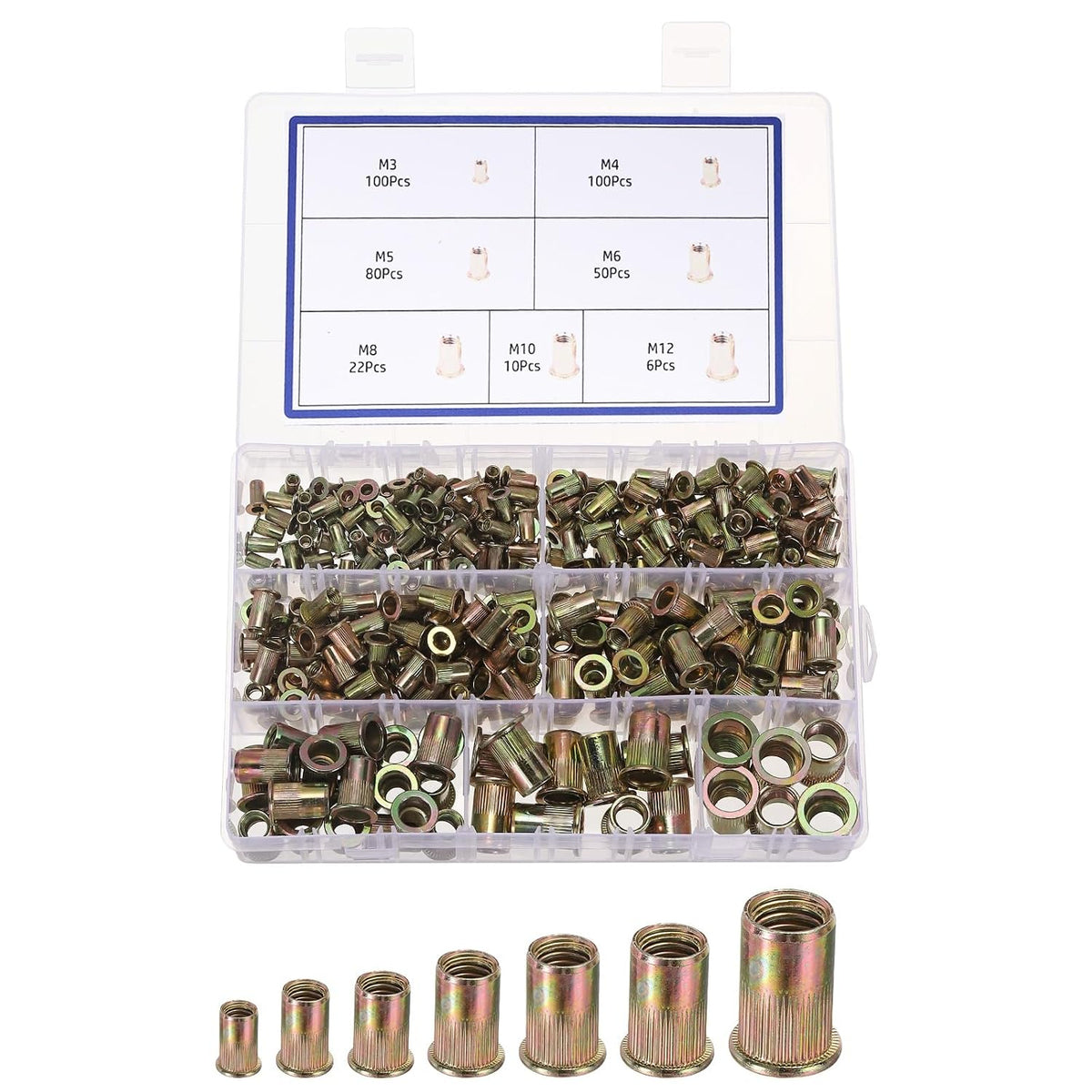 368 Pcs Rivet Nut, Carbon Steel SAE Thread Rivet Nuts Kit Flat Head Threaded Insert Nuts for Automotive, Home Decor and Industrial, Zinc