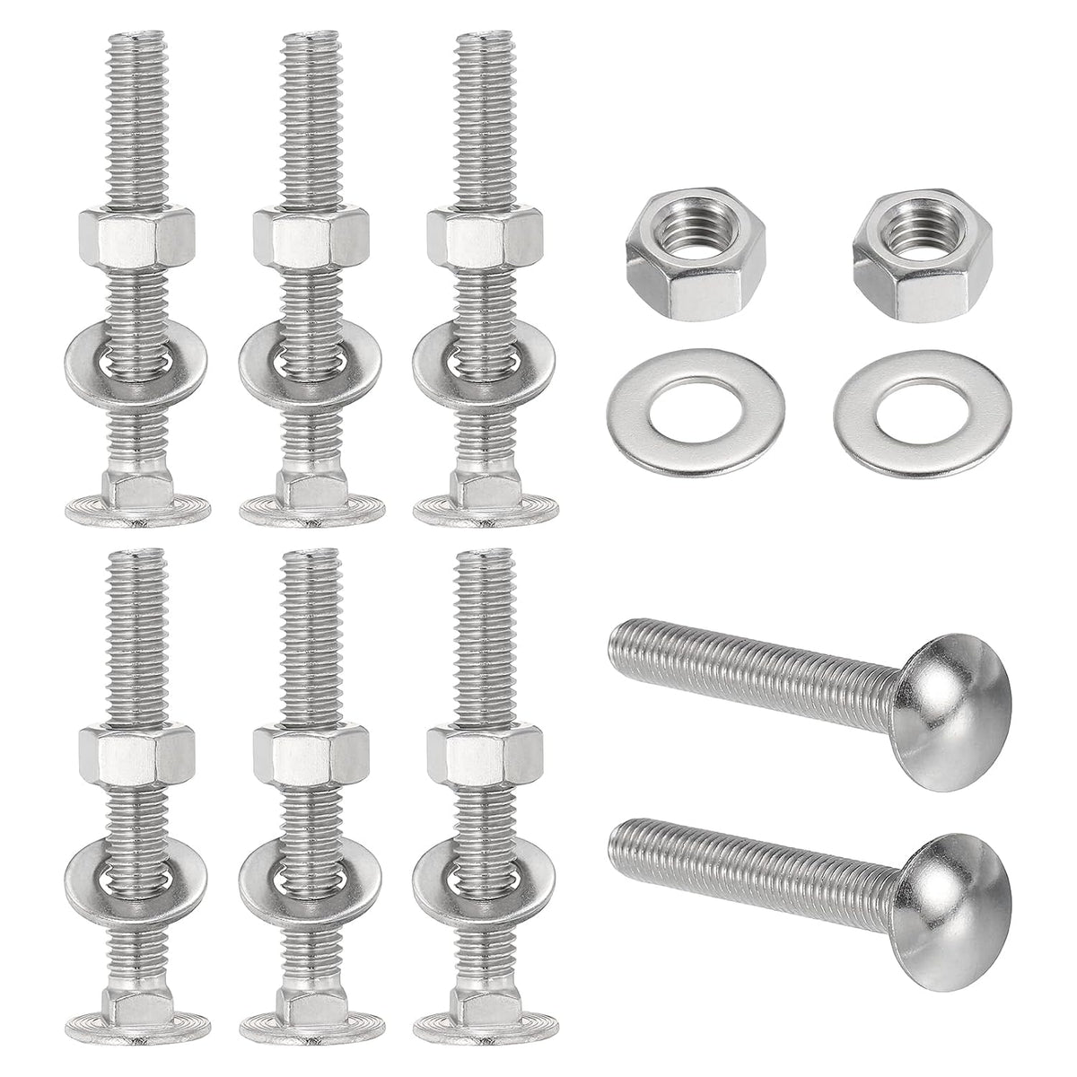 Carriage Bolts Screws 8 Sets, 5/16-18 x 2-1/4" 304 Stainless Steel Bolts Assortment Round Head Square Neck with Hex Nuts & Flat Washers Full Thread Coverage - Silver