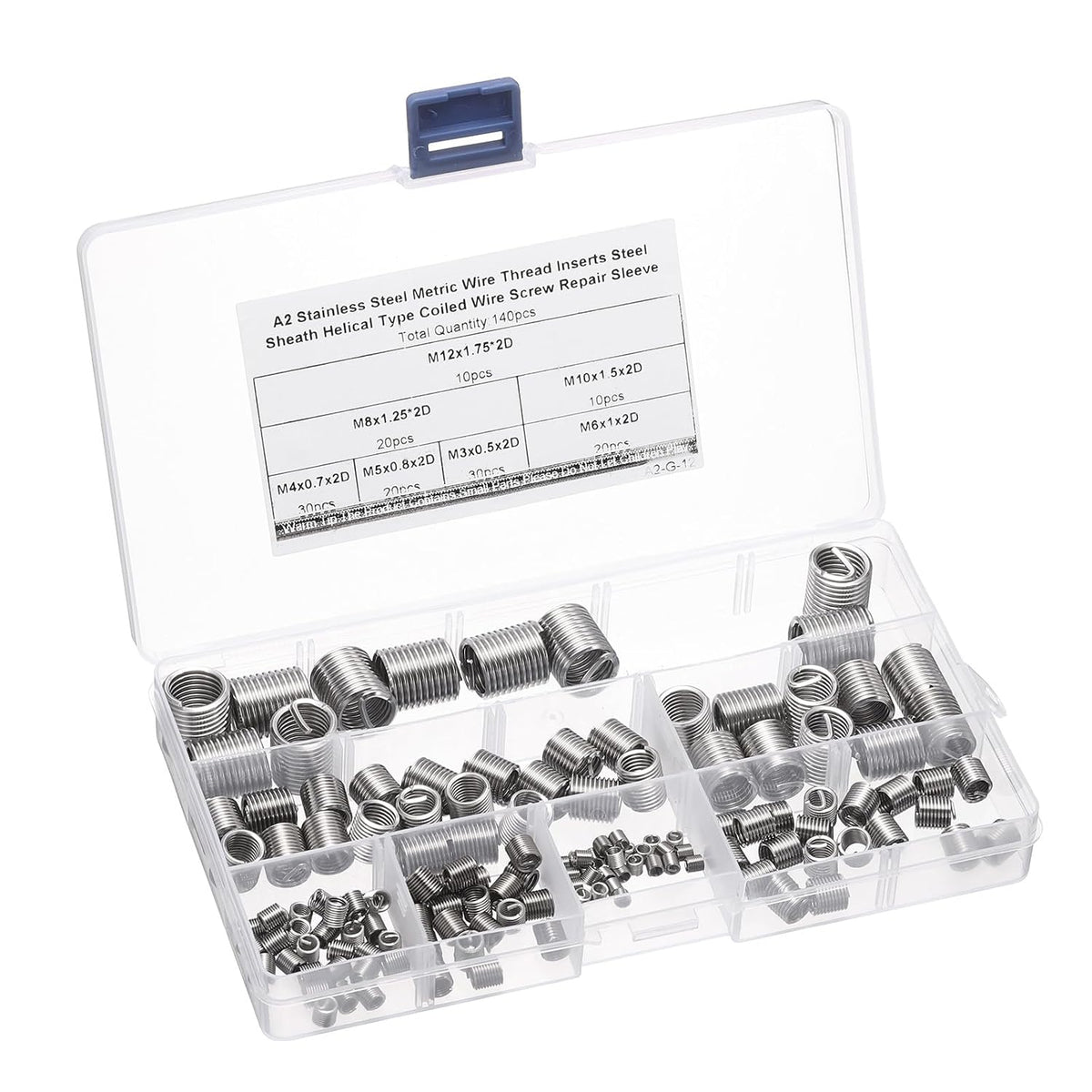 140pcs Wire Thread Insert Kit M3 M4 M5 M6 M8 M10 M12 (2D) Metric 304 Stainless Steel Helical Inserts Coiled Thread Repair Kit Wire Threaded Sleeve Sheath for Mechanical Equipment