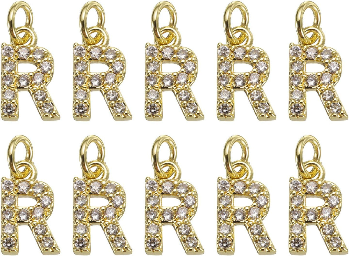 LinkMejor Rhinestone Letter Charm, 10pcs Crystal Zirconia Copper Alphabet R Pendants Slider Letter Charm for Wristbands Bracelets Necklace Jewelry Earring DIY Craft, Gold