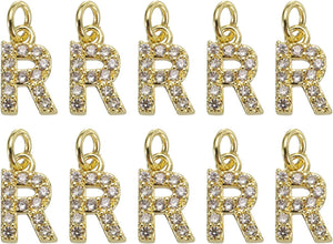 Rhinestone Letter Charm, 10pcs Crystal Zirconia Copper Alphabet R Pendants Slider Letter Charm for Wristbands Bracelets Necklace Jewelry Earring DIY Craft, Gold
